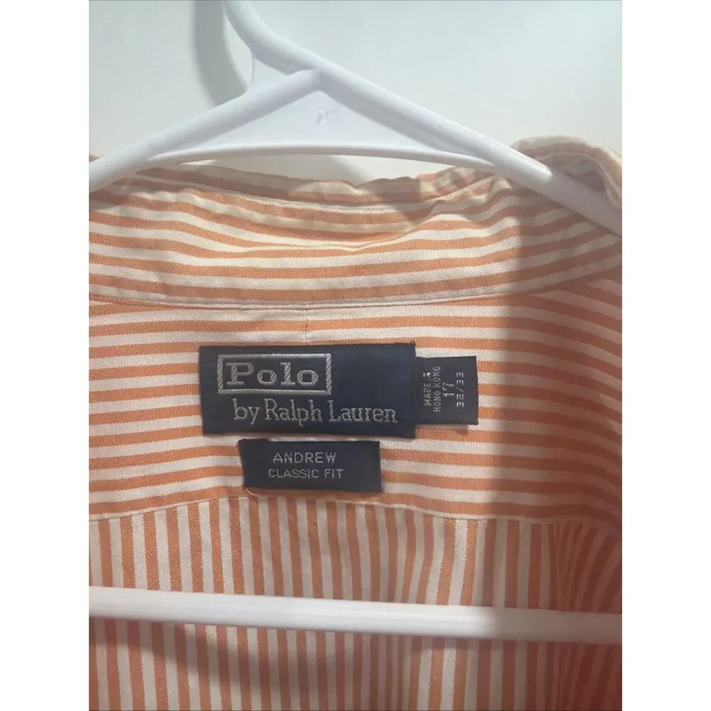 Polo Ralph Lauren Andrew Classic Fit Shirt Men's 17 32/33 Orange White Striped